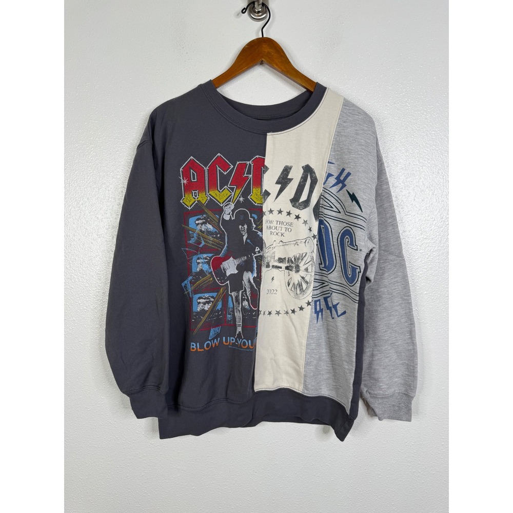 AC/DC Graphic Sweatshirt Mens Large Colorblock Rock Band Crewneck Charcoal Grey